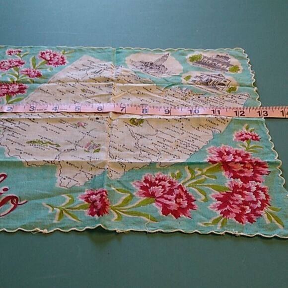 Vintage Ohio Map Handkerchief Floral scalloped Edges Travel Towns Building's - Picture 4 of 8
